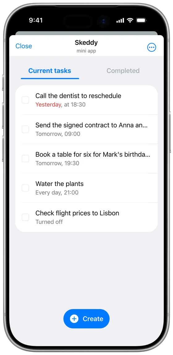 Skeddy Mini App open in Telegram, showing a list of current reminders