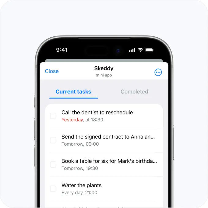 The Mini App's task list, each task with a checkbox and a due date, the overdue one in red
