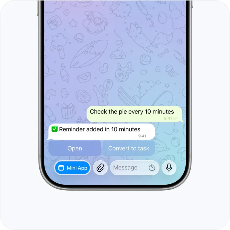 A Telegram chat where “Check the pie every 10 minutes” is answered by Skeddy confirming the reminder