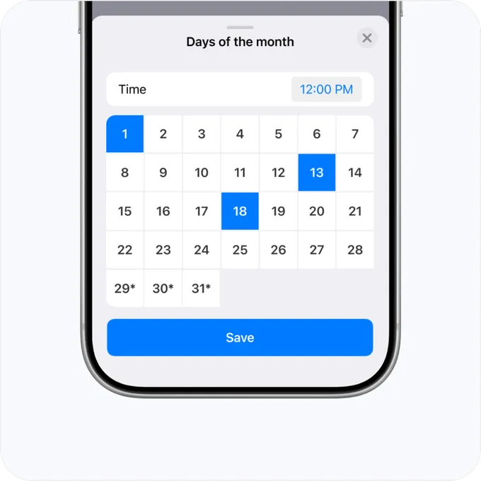 The Mini App's day-of-month picker, with several dates and a time selected