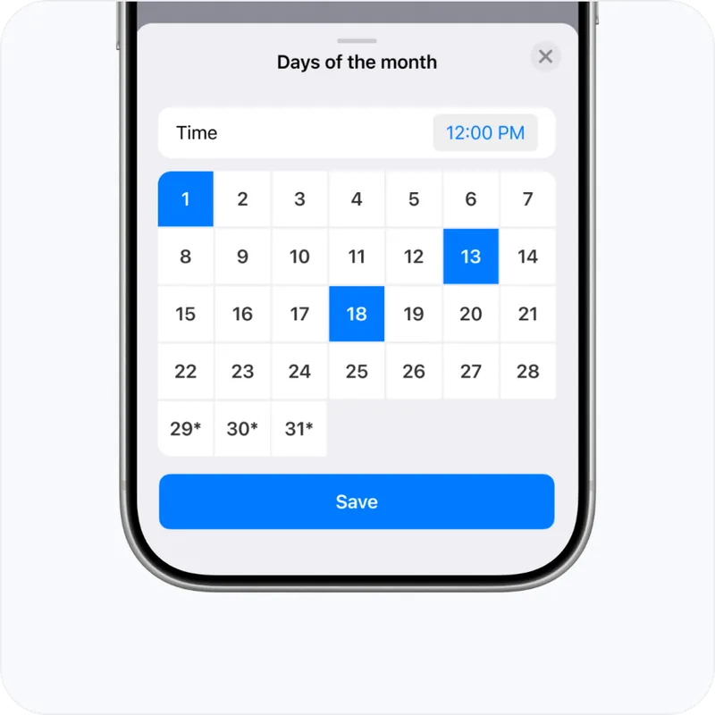 The Mini App's day-of-month picker, with several dates and a time selected