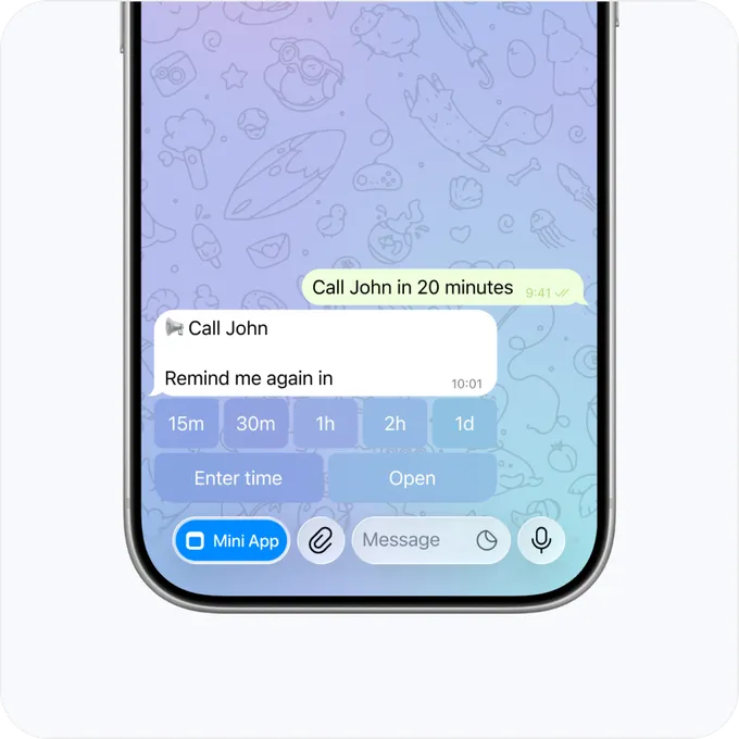A reminder that has just fired in a Telegram chat, offering snooze buttons from 15 minutes to a day