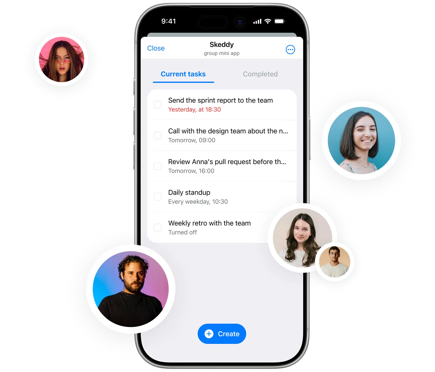 Skeddy Mini App open in Telegram, showing a shared task list surrounded by the group's members
