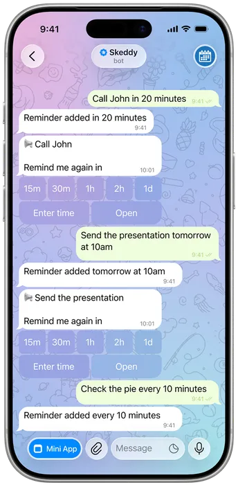 Skeddy bot in a Telegram chat, turning written messages into reminders
